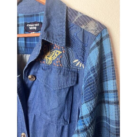 Johnny Was Sz Medium Moonlight Denim Blue Tie-Dye Patchwork Shirt Jacket - Picture 6 of 9